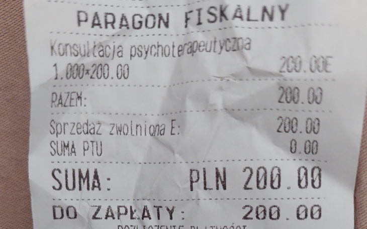 Paragon fiskalny za konsultację psychoterapeutyczną.