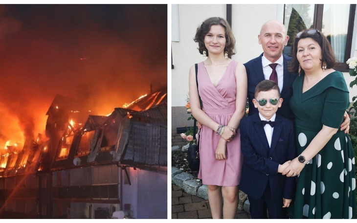 Rodzina pozująca obok pożaru w tle.