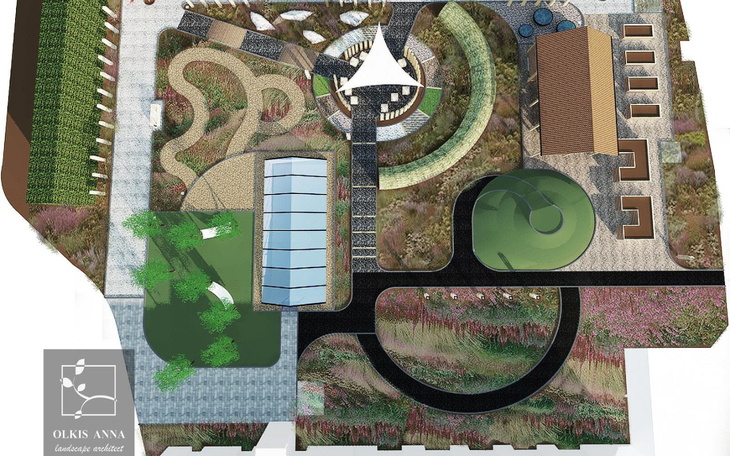 Plan architektoniczny ogrodu z różnorodnymi elementami krajobrazu.