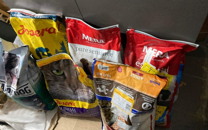 Worki z karmą dla kotów, przygotowane do rozdania.