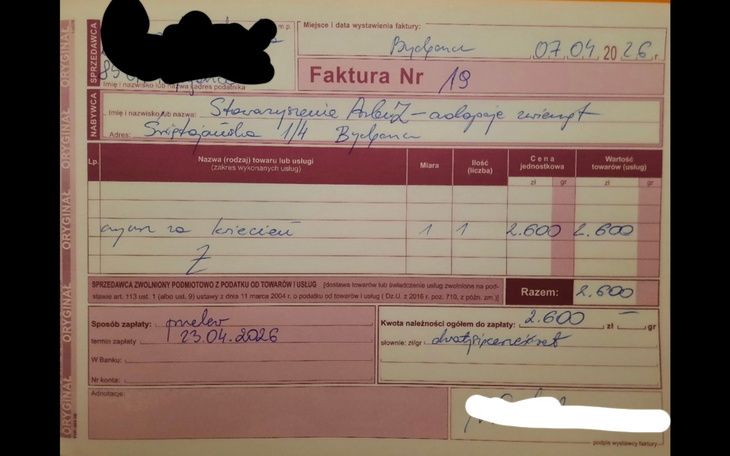 Faktura z datą i szczegółami transakcji, z widocznymi danymi.