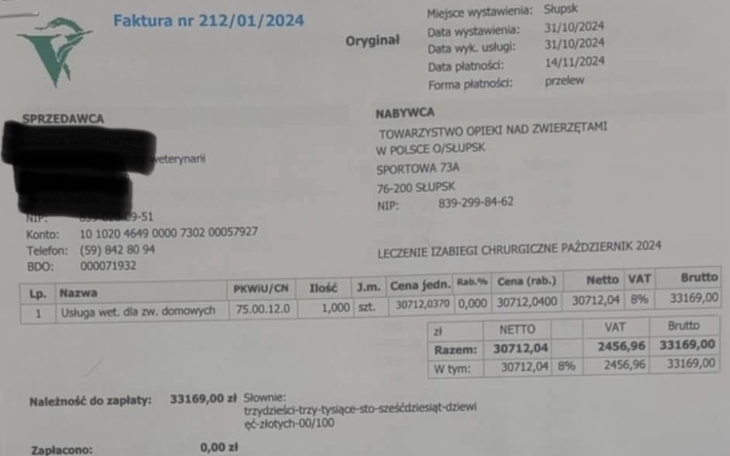 Faktura dotycząca usług weterynaryjnych dla zwierząt.