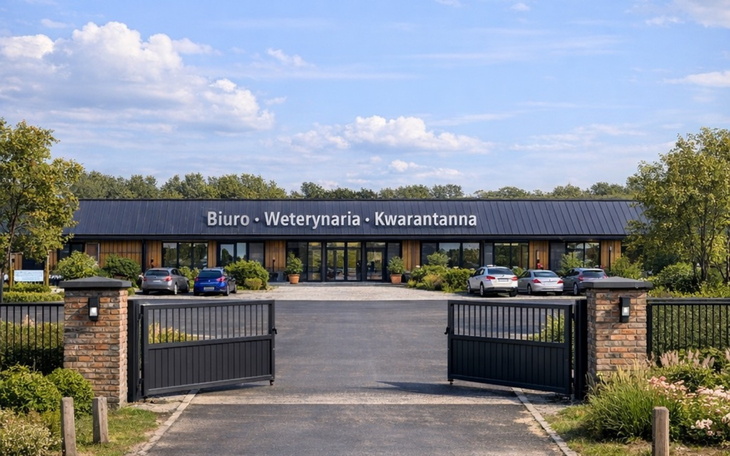 Budynek biura weterynarii z ogrodem.