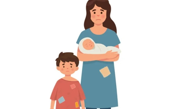 Zmartwiona matka trzymająca niemowlę, obok smutny chłopiec.