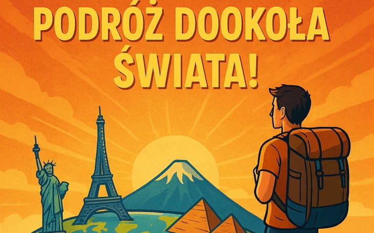 Plakat zachęcający do podróży dookoła świata z ikonami znanych miejsc.