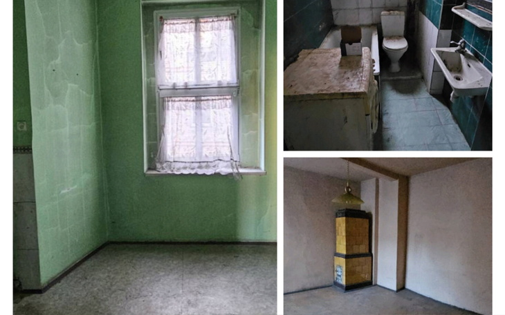 Pusty, zaniedbany pokój z zielonymi ścianami.