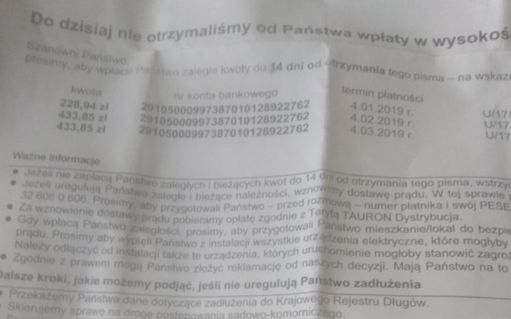 Zbiórka Na prąd podany numer konta - zdjęcie główne