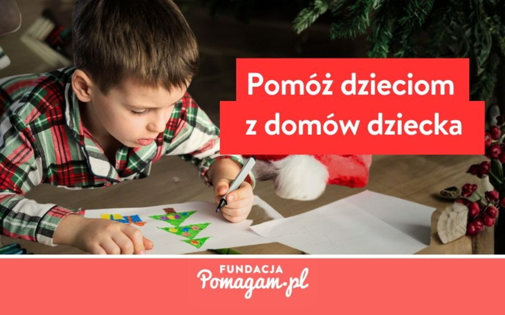 Chłopiec rysujący obrazek, z napisem o pomocy dla dzieci.
