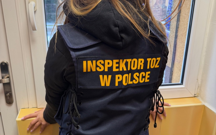 Kobieta w kamizelce inspektora TOZ, patrzy przez okno.