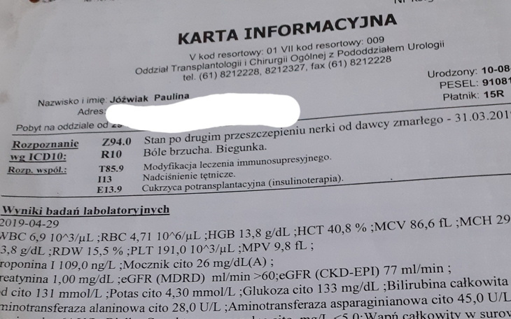 Dokument medyczny z informacjami o pacjencie.
