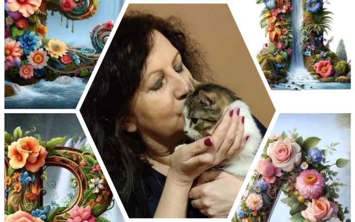 Kobieta całująca kota, otoczona kwiatami i dekoracjami.