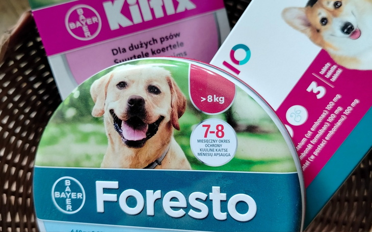 Opakowania z produktami dla psów, z uśmiechniętym labradorem na etykiecie.