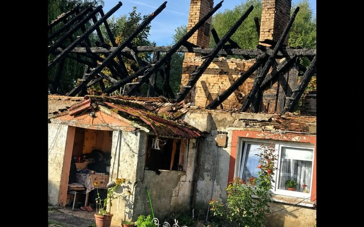 Nowoczesny dom z przeszklonymi drzwiami i zielenią przed domem.
