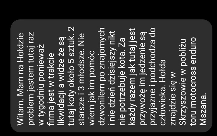 Wiadomość z prośbą o pomoc, z datą i lokalizacją.