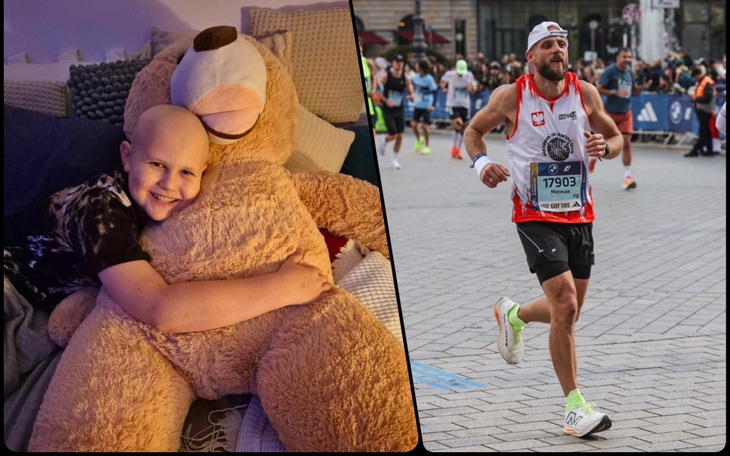 Chłopiec przytulający dużego misia, obok biegacz w akcji.