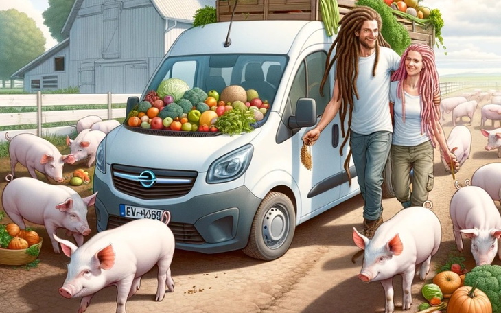 Ilustracja pary z wózkiem dostawczym pełnym warzyw i owoców.