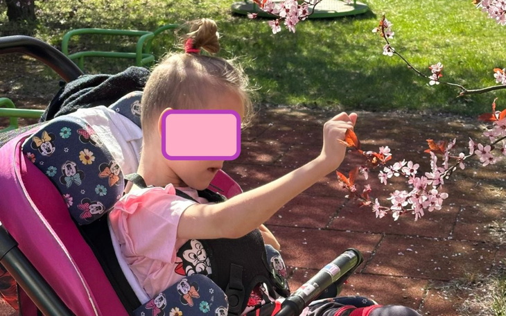 Dziewczynka w wózku, dotykająca kwiatów w parku.