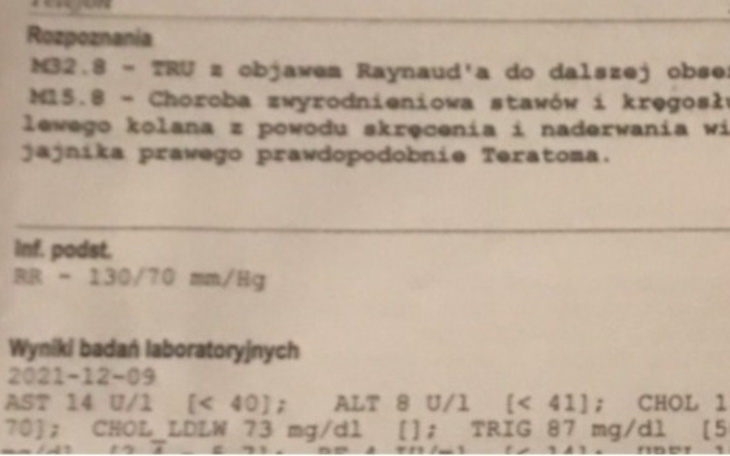 Dokument medyczny z wynikami badań laboratoryjnych.