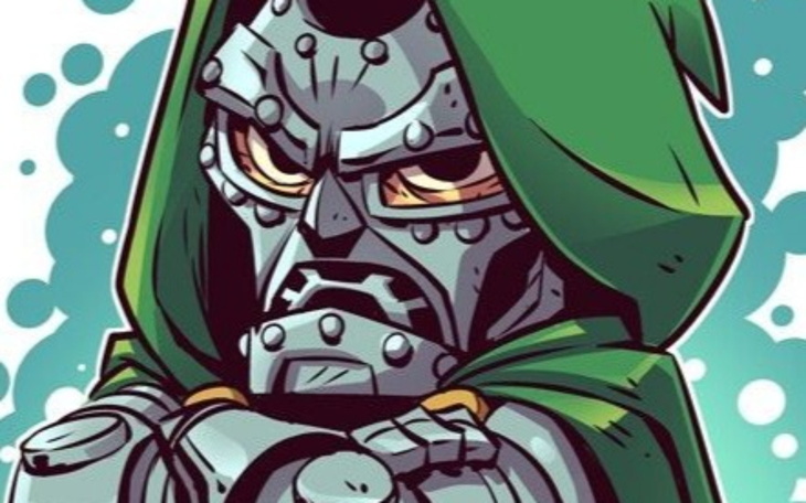 Ilustracja postaci w zielonym płaszczu, z metalową maską.