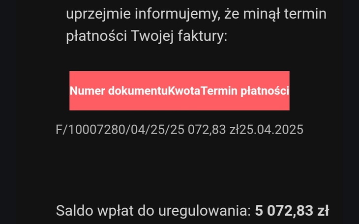 Zrzut ekranu z informacją o płatności faktury.