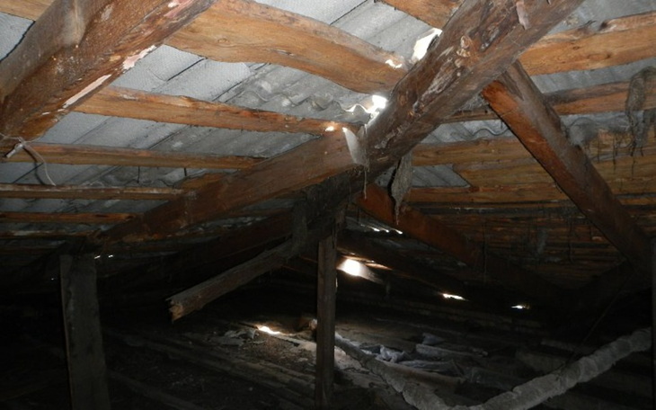 Widok na strop poddasza z widocznymi drewnianymi belkami.