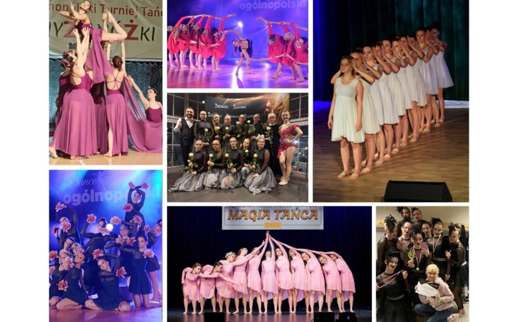 Grupa tancerzy na scenie podczas występu tanecznego.