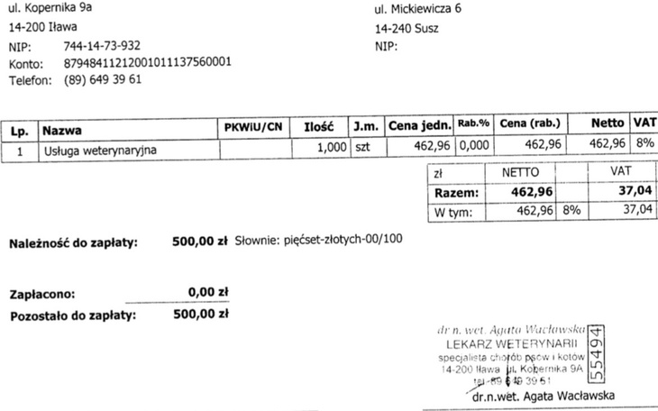 Faktura za usługę weterynaryjną z danymi kontaktowymi.