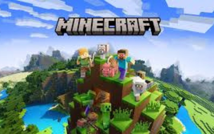 Logo gry Minecraft z postaciami na szczycie wzgórza.