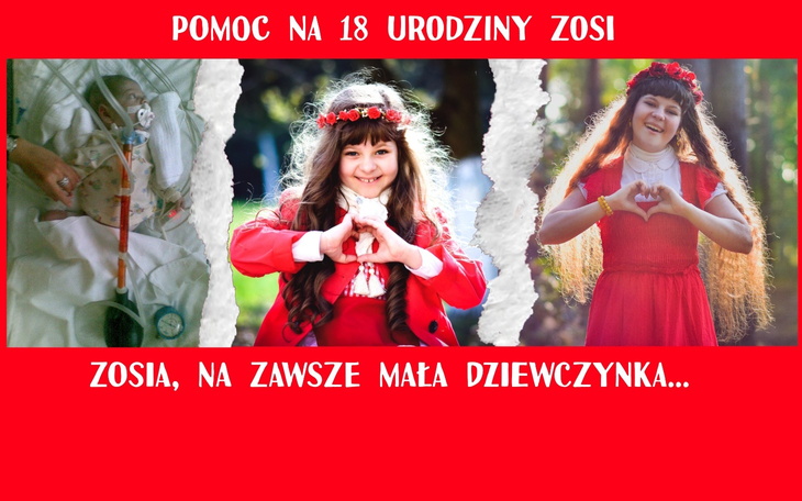 Kolaż zdjęć Zosi z życzeniami na 18. urodziny.