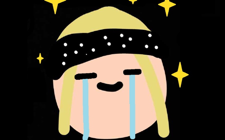 Rysunek postaci z blond włosami i uśmiechem.