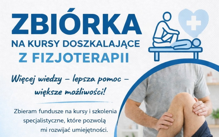 Plakat zbiórki na kursy fizjoterapeutyczne, z grafiką i informacjami.
