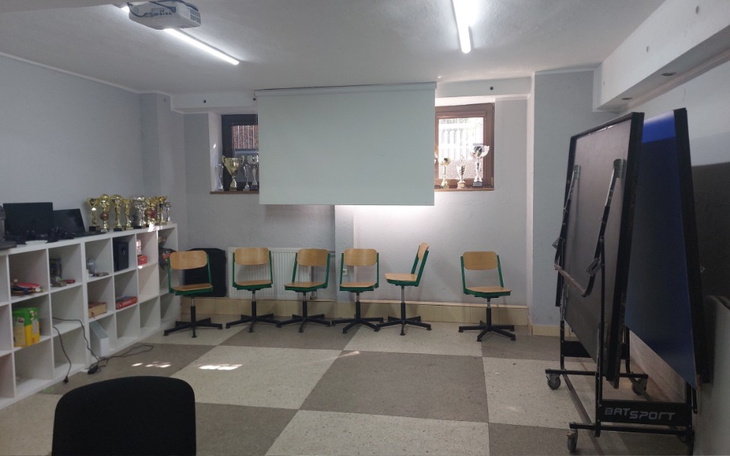 Brudny koń stojący obok stosu drewna.