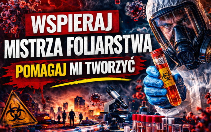 Plakat promujący wsparcie dla mistrza foliartwa, z laboratorium w tle.