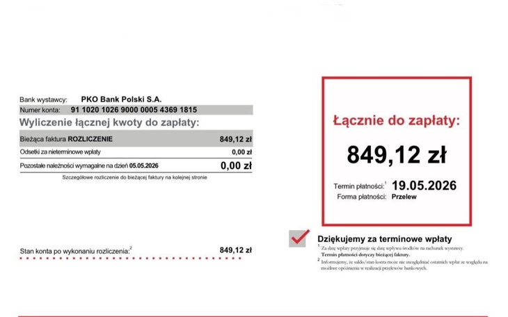Faktura bankowa z kwotą do zapłaty, ważne informacje finansowe.