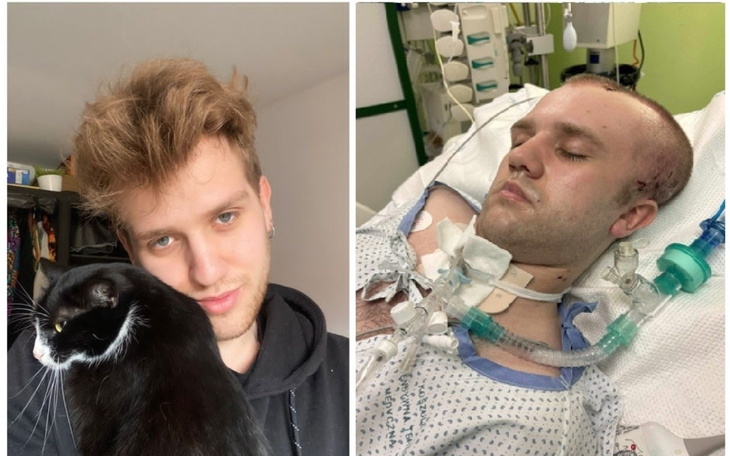 Młody mężczyzna z kotem i zdjęcie pacjenta w szpitalu.