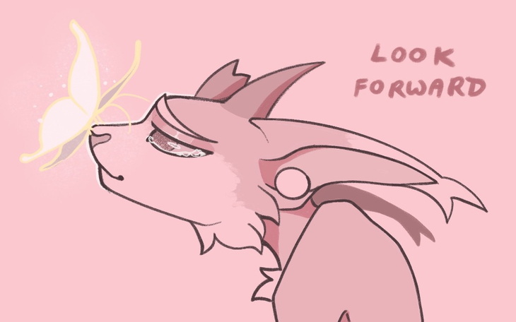 Rysunek postaci z motylem na różowym tle.