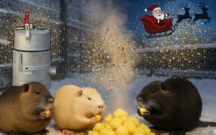 Trzy świnki morskie jedzą kulki, w tle świąteczne dekoracje.