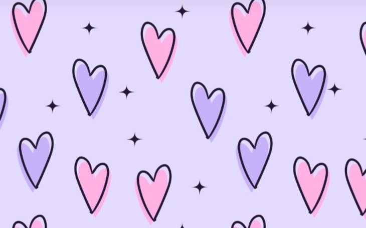 Wzór z sercami w odcieniach różu i fioletu na jasnym tle.