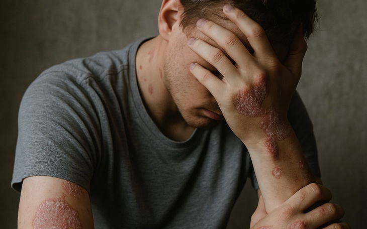 Mężczyzna z problemami skórnymi, trzymający głowę w dłoniach.