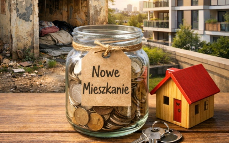 Widok na zniszczoną okolicę z domem w tle.