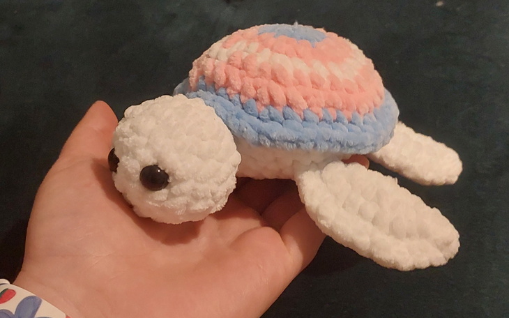 Zabawna, ręcznie robiona żółwica w pastelowych kolorach.