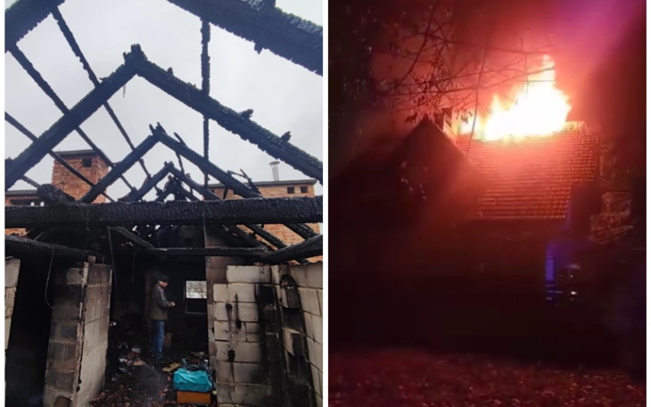 Zniszczony budynek po pożarze, widok z wnętrza.