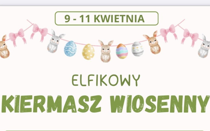 Plakat zapraszający na wiosenny kiermasz z zajączkami.