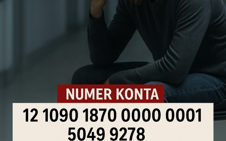 Osoba siedząca w smutnej pozie, z numerem konta na tle.