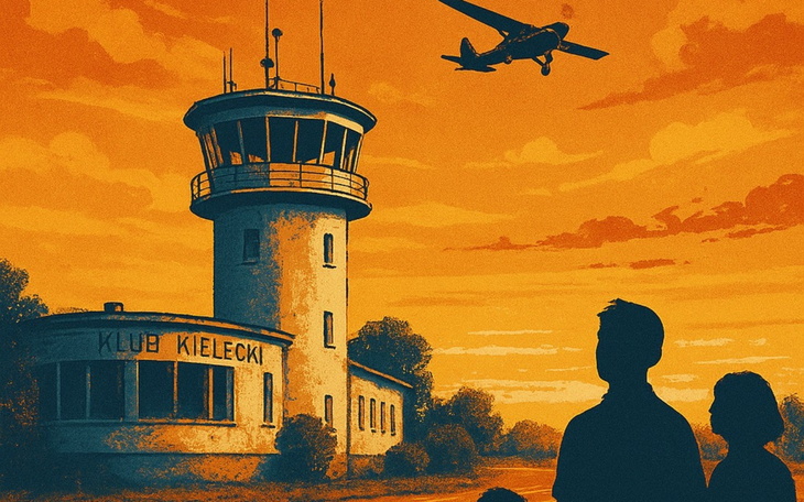 Widok na wieżę kontrolną i samolot na tle pomarańczowego nieba.