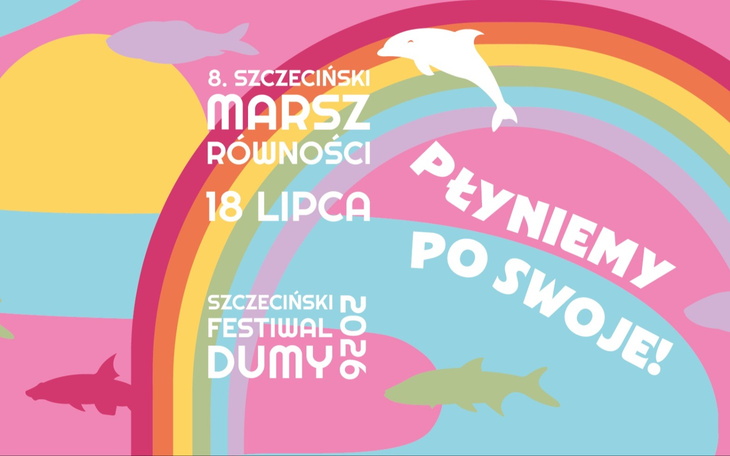 Plakat promujący Marsz Równości w Szczecinie, z tęczowym tłem.