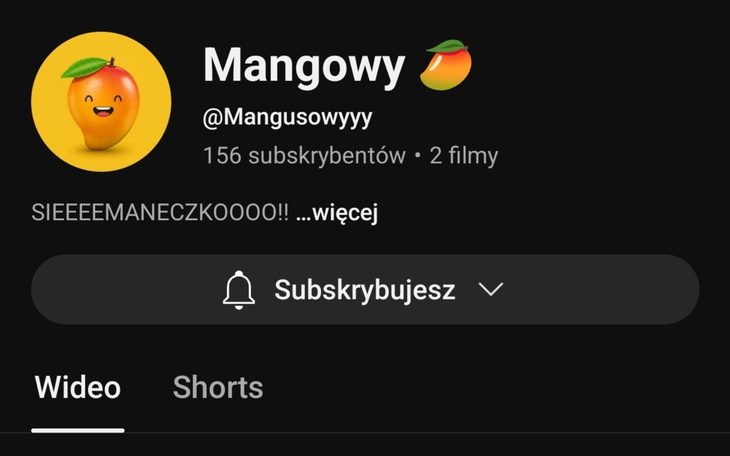 Profil użytkownika na YouTube z emotikoną mango.