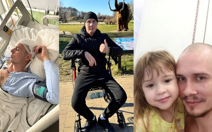 Mężczyzna w szpitalu z dzieckiem, obok zdjęcie z rehabilitacji.