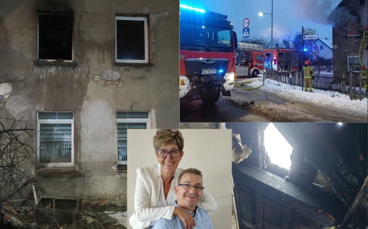 Zniszczony budynek po pożarze, widoczne okna i straż pożarna.