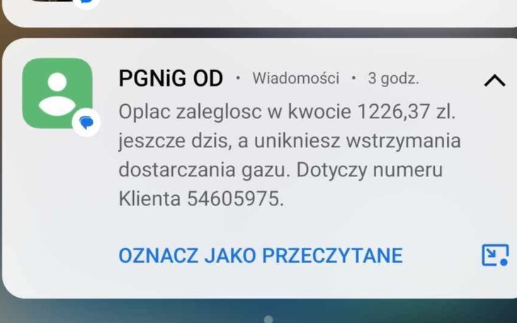 Powiadomienie o zaległości w płatności za gaz.